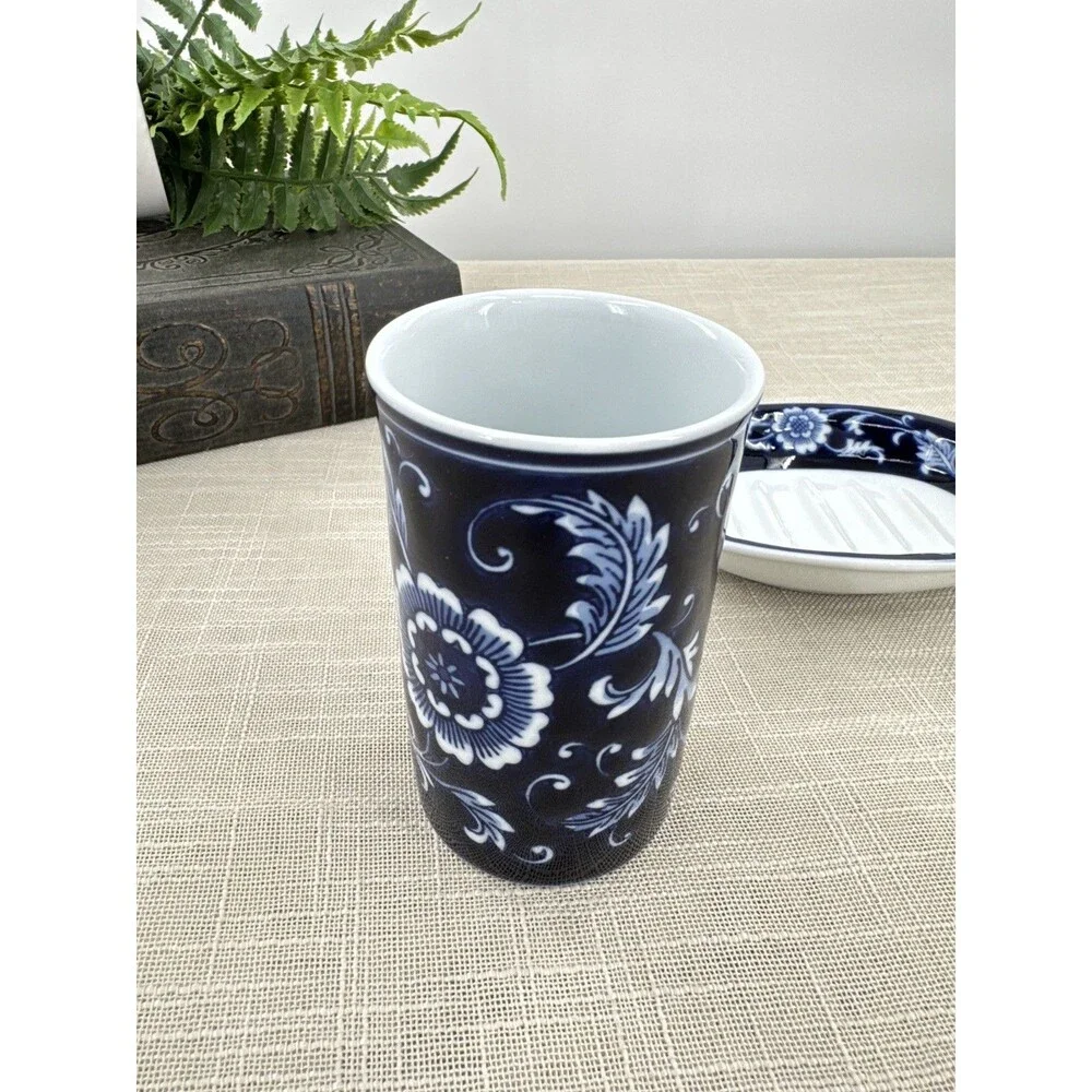 Blue & White Floral Bathroom Set Soap Dish & Tumbler Cup Vintage Bath Decor